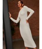 Chi Chi London Cold Shoulder Pearl Detail Rib Midi Dress in Cream