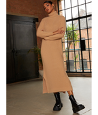 Chi Chi London Roll Neck Oversized Jumper Dress in Camel