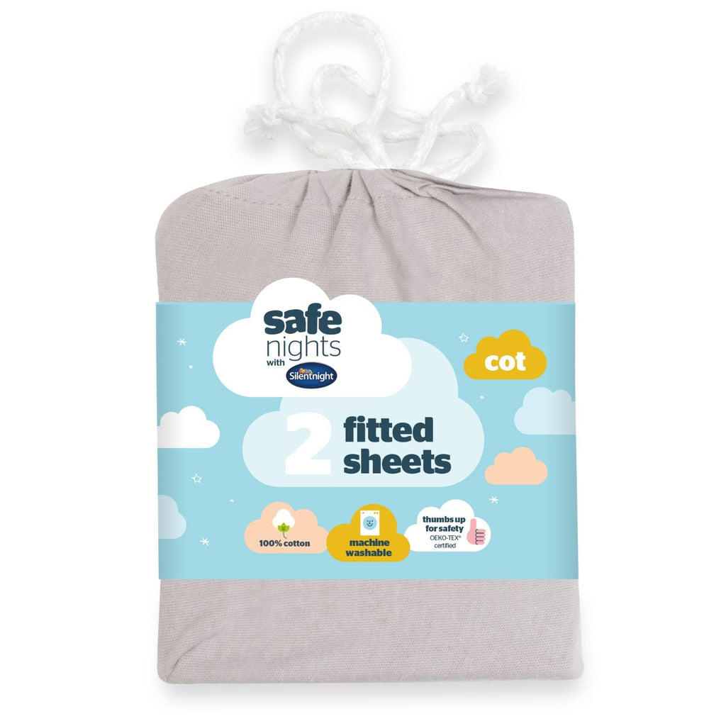 Silentnight Safe Nights Grey 100% Cotton Baby Fitted Sheet (2 Pack)