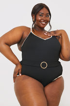Control Contrast Binding Belted Swimsuit