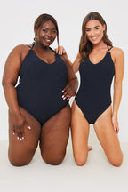 Double Strap Ring Detail Control Crinkle Swimsuit
