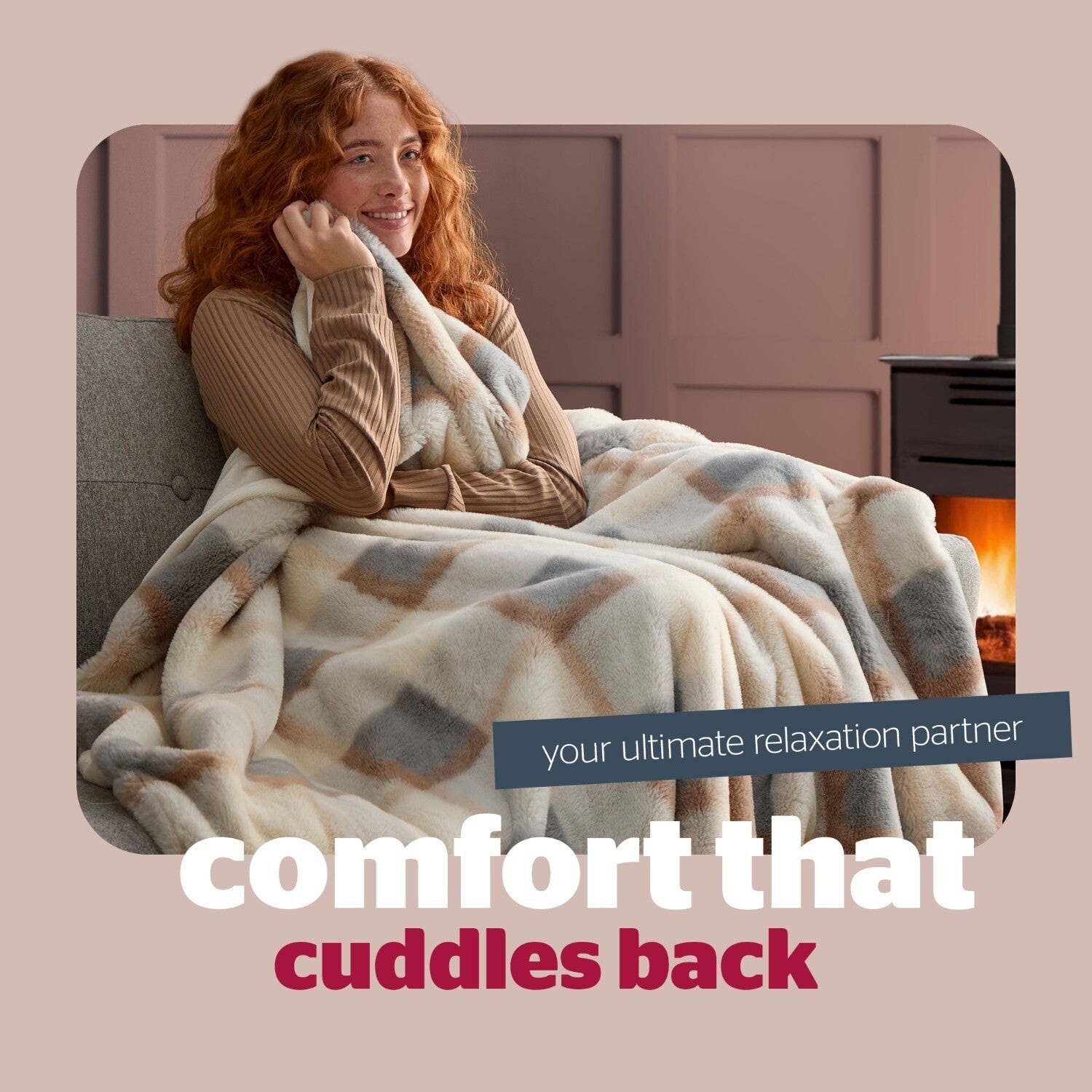 Silentnight Snugsie Natural Check Faux Fur Throw