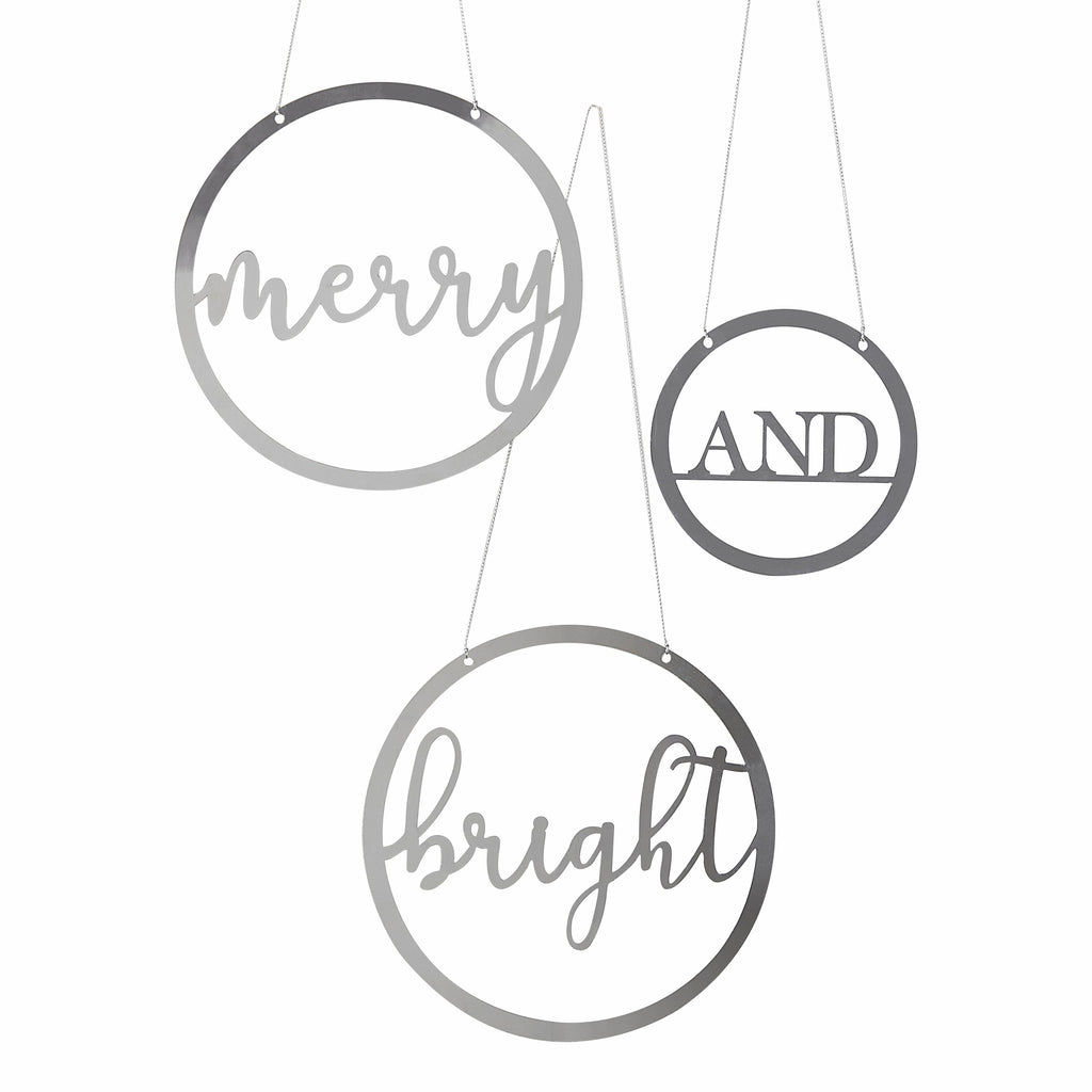 Silver Acrylic Merry and Bright Hanging Christmas Decorations