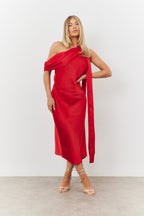 Satin Asymmetric Draped Neckline Midi Dress
