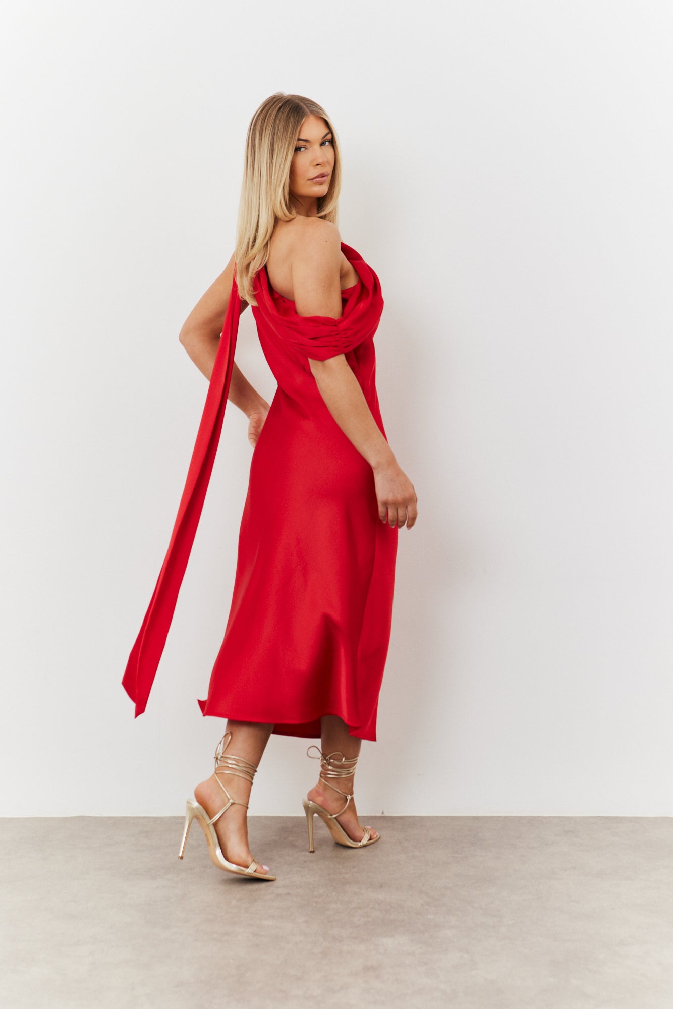 Satin Asymmetric Draped Neckline Midi Dress