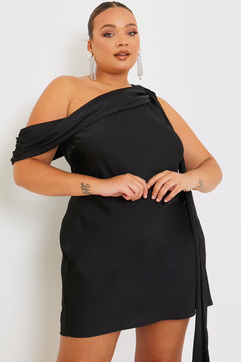 Satin Asymmetric Neckline Mini Dress