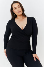 Wrap Front Rib Long Sleeve Top