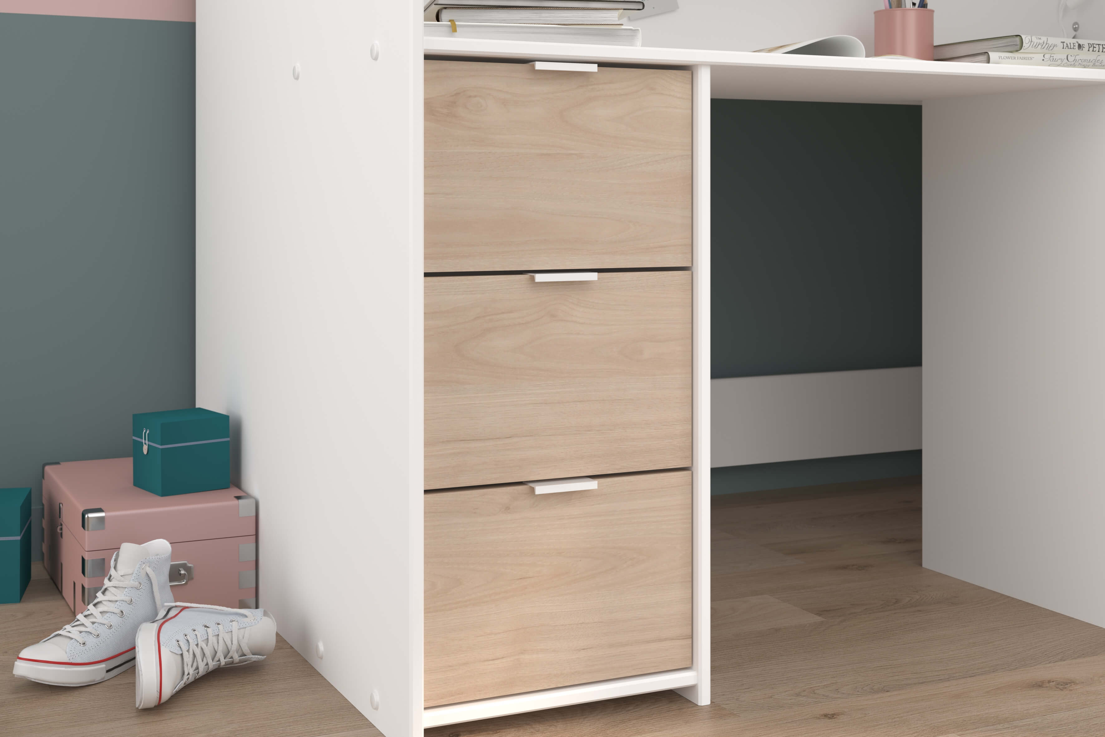 Tom Junior High Sleeper Bed, White & Natural