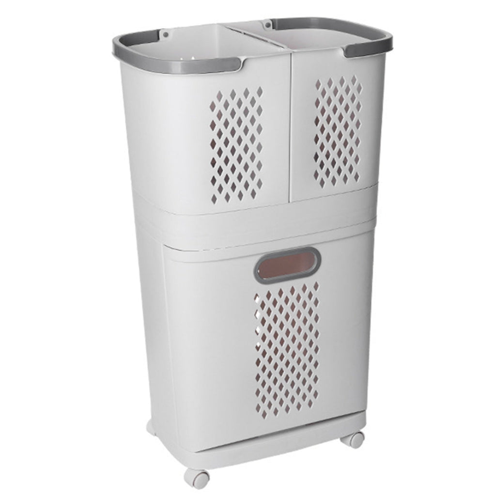 3-Compartment White Rolling Laundry Basket