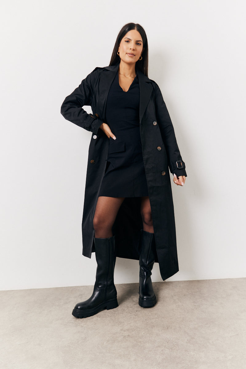 Black Structured Plunge Front Sleeveless Mini Dress