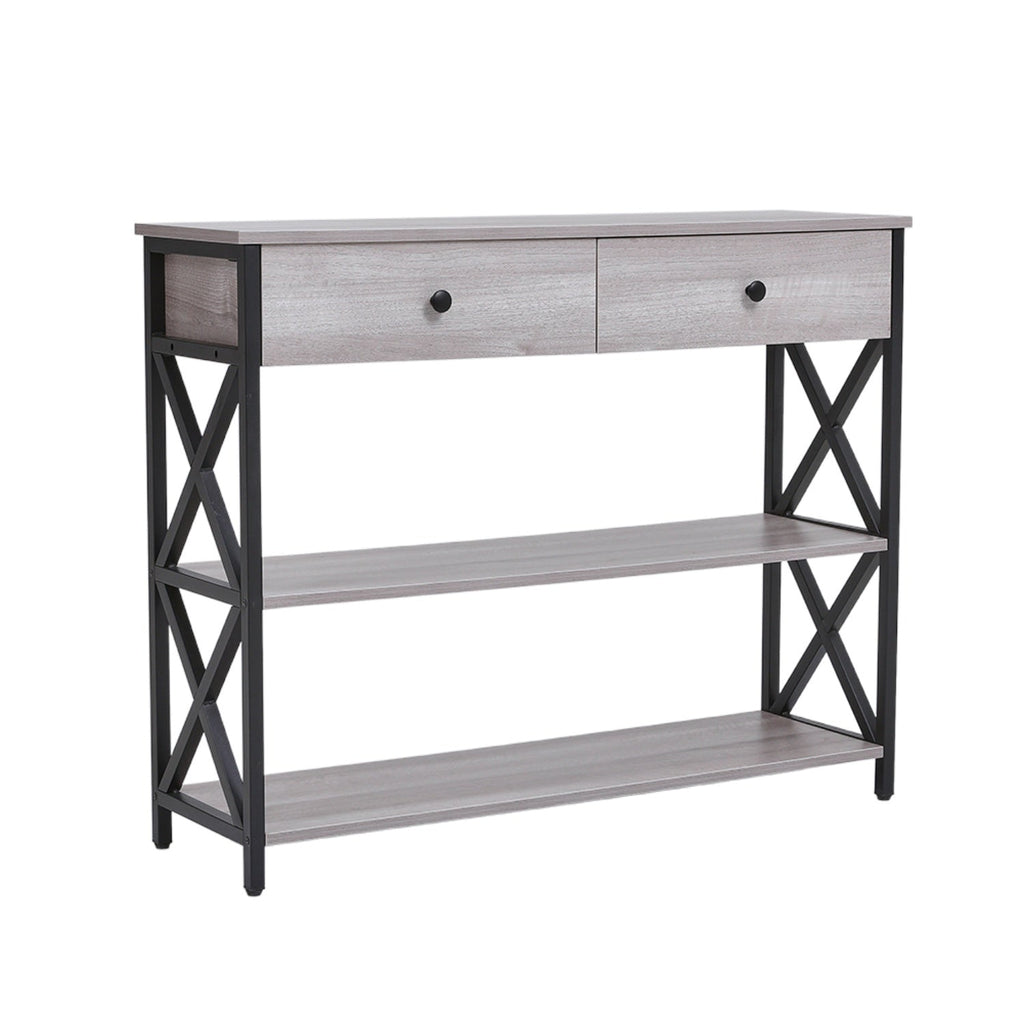Rustic Grey Console Table with 2 Drawers & Shelves