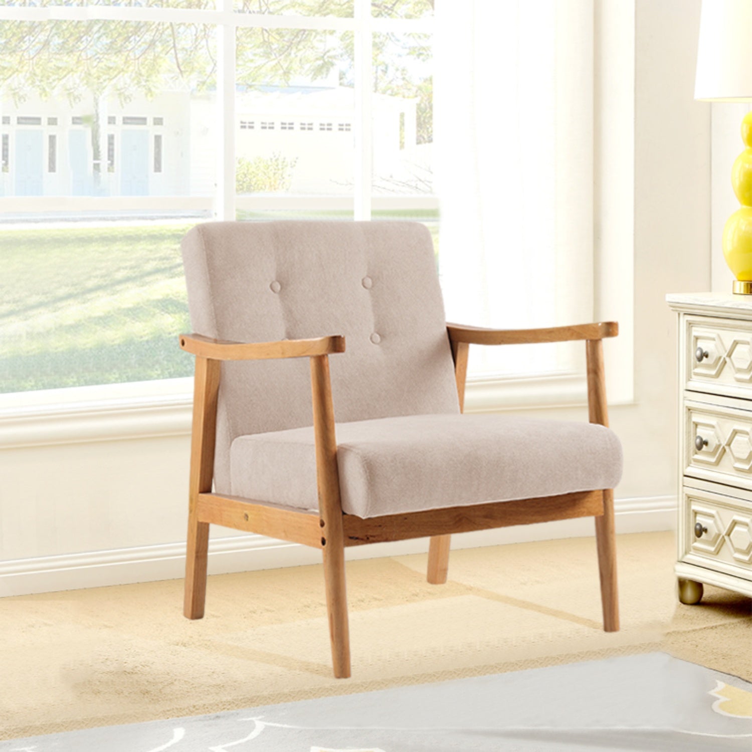 Beige Upholstered Wooden Armchair
