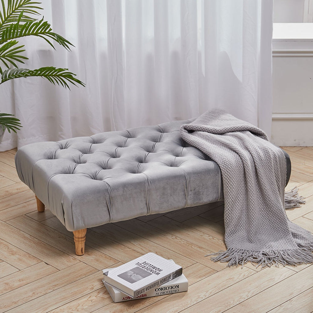 Velvet Buttoned Light Grey Rectangle Footstool