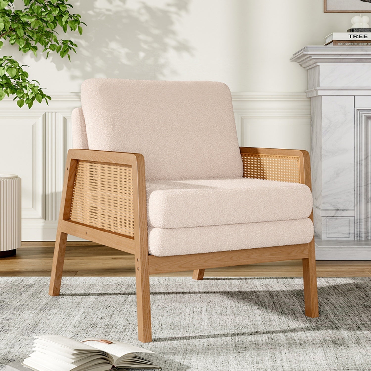 White Teddy Fleece Armchair with Rattan Panels