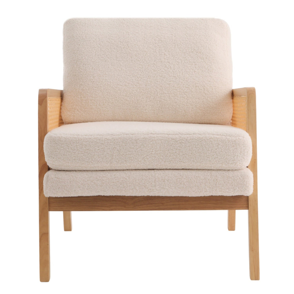 White Teddy Fleece Armchair with Rattan Panels