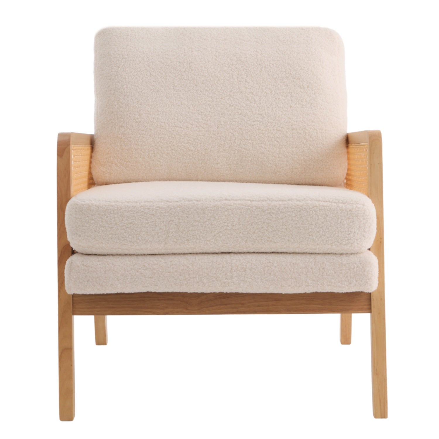 White Teddy Fleece Armchair with Rattan Panels
