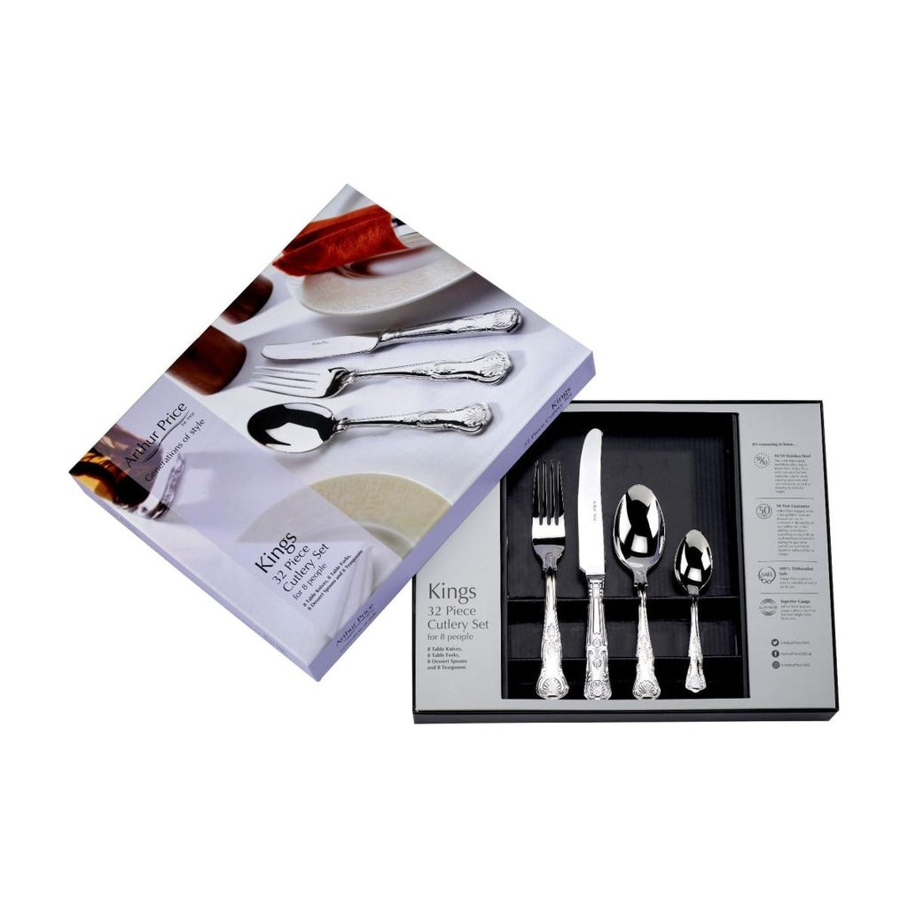 Arthur Price 'Kings' Stainless Steel 32 piece 8 person boxed cutlery set for luxury home dining - Beales department store