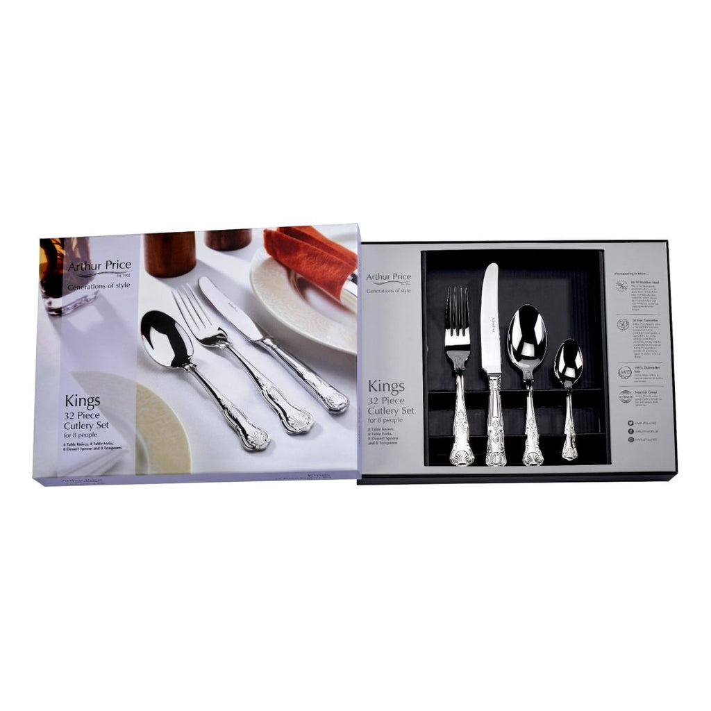 Arthur Price 'Kings' Stainless Steel 32 piece 8 person boxed cutlery set for luxury home dining - Beales department store