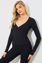 Wrap Front Rib Long Sleeve Top