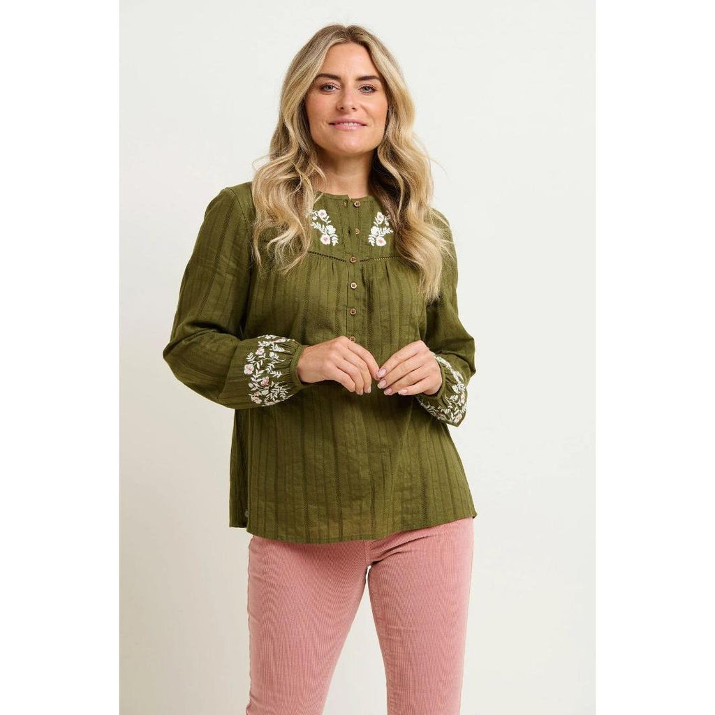 Brakeburn Basil Embroidered Blouse - Khaki - Beales department store