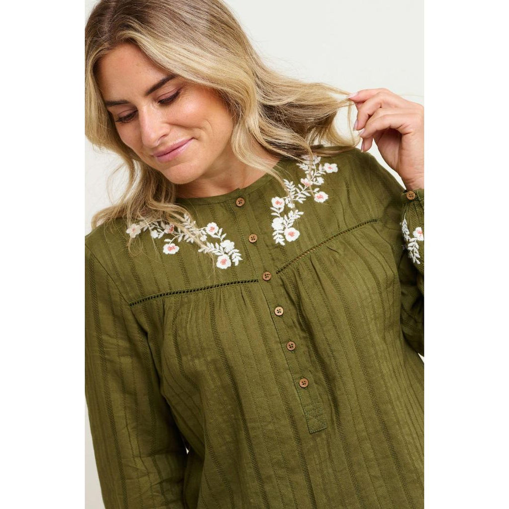 Brakeburn Basil Embroidered Blouse - Khaki - Beales department store