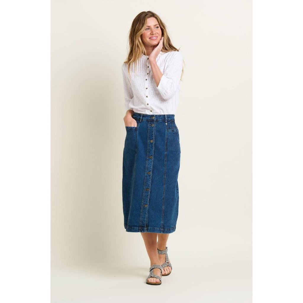 Brakeburn Button Front Denim Midi Skirt - Blue - Beales department store