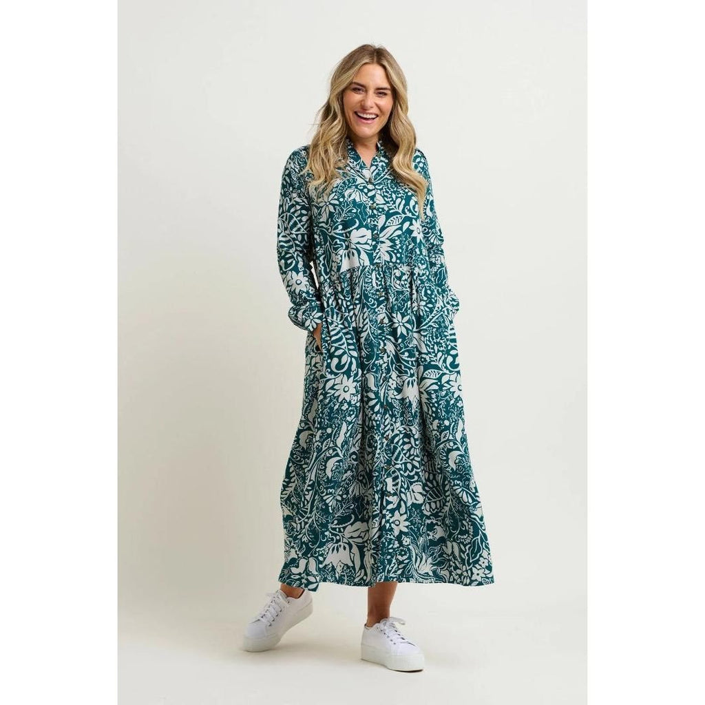 Brakeburn Enchanted Blossom Maxi Shirt Dress - Teal - Beales department store