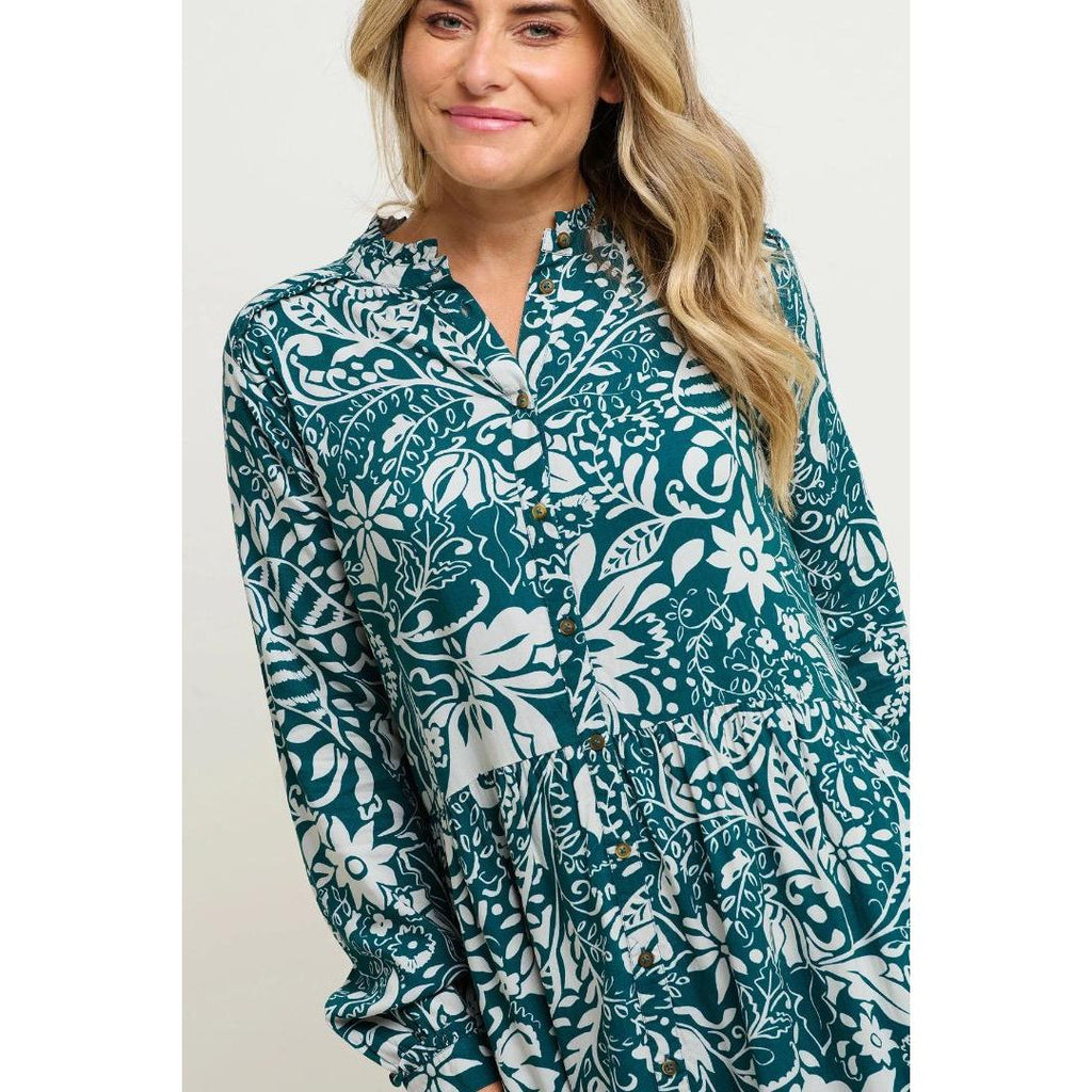 Brakeburn Enchanted Blossom Maxi Shirt Dress - Teal - Beales department store