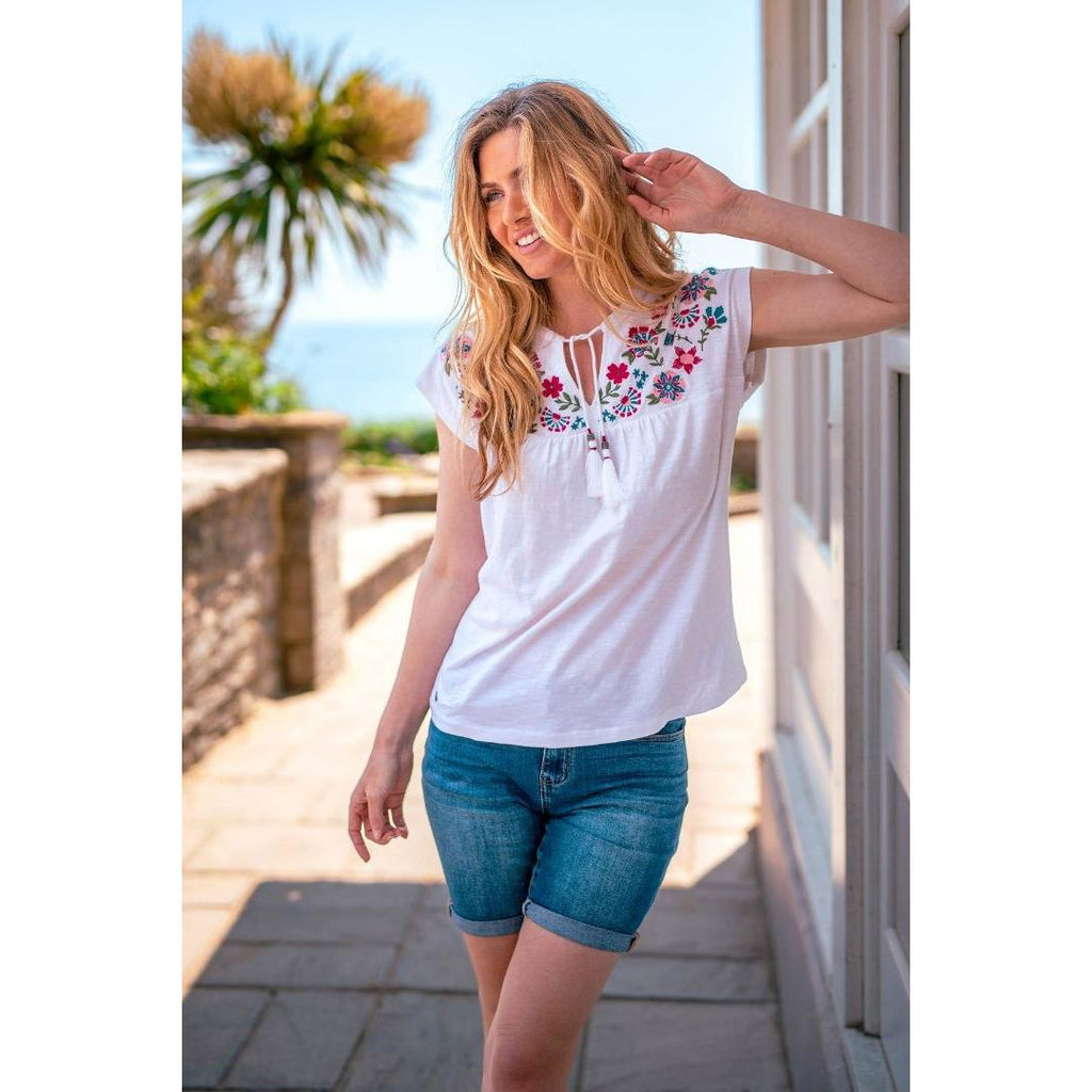 Brakeburn Piper Embroidered T-Shirt - White - Beales department store