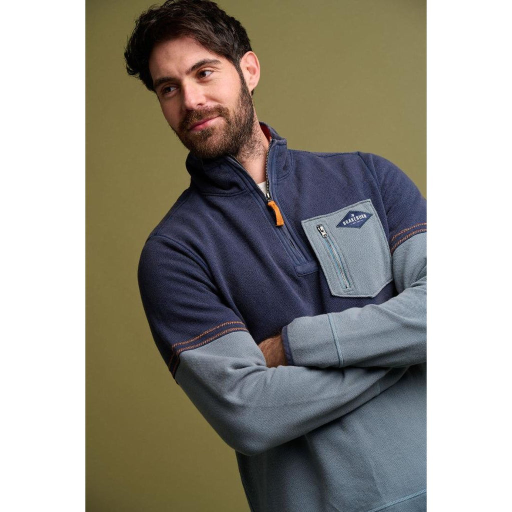 Brakeburn Pique Quarter Zip Sweatshirt - Blue - Beales department store