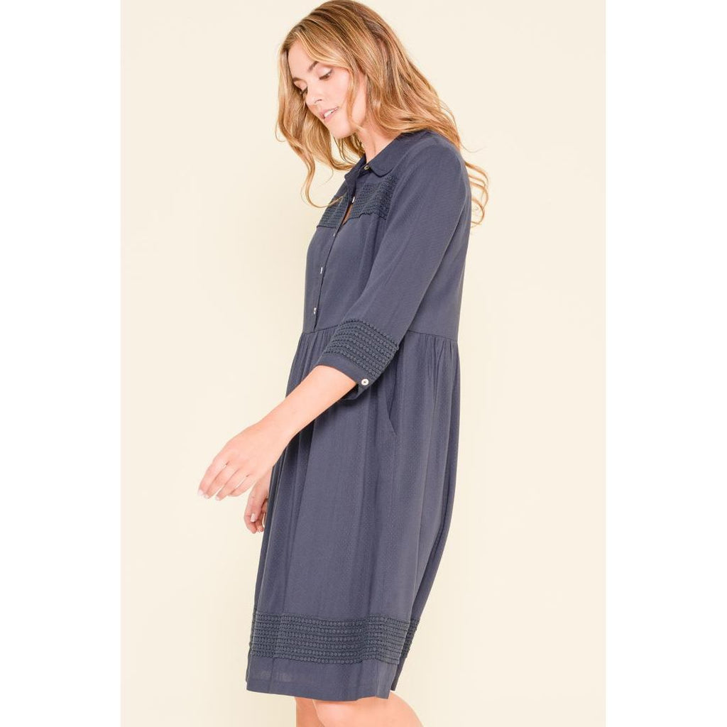 Brakeburn Pom Pom Trim Shirt Dress - Navy - Beales department store