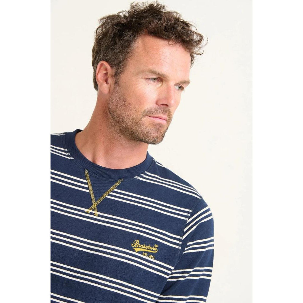 Brakeburn Stripe Crew Neck Sweatshirt - Navy - Beales department store