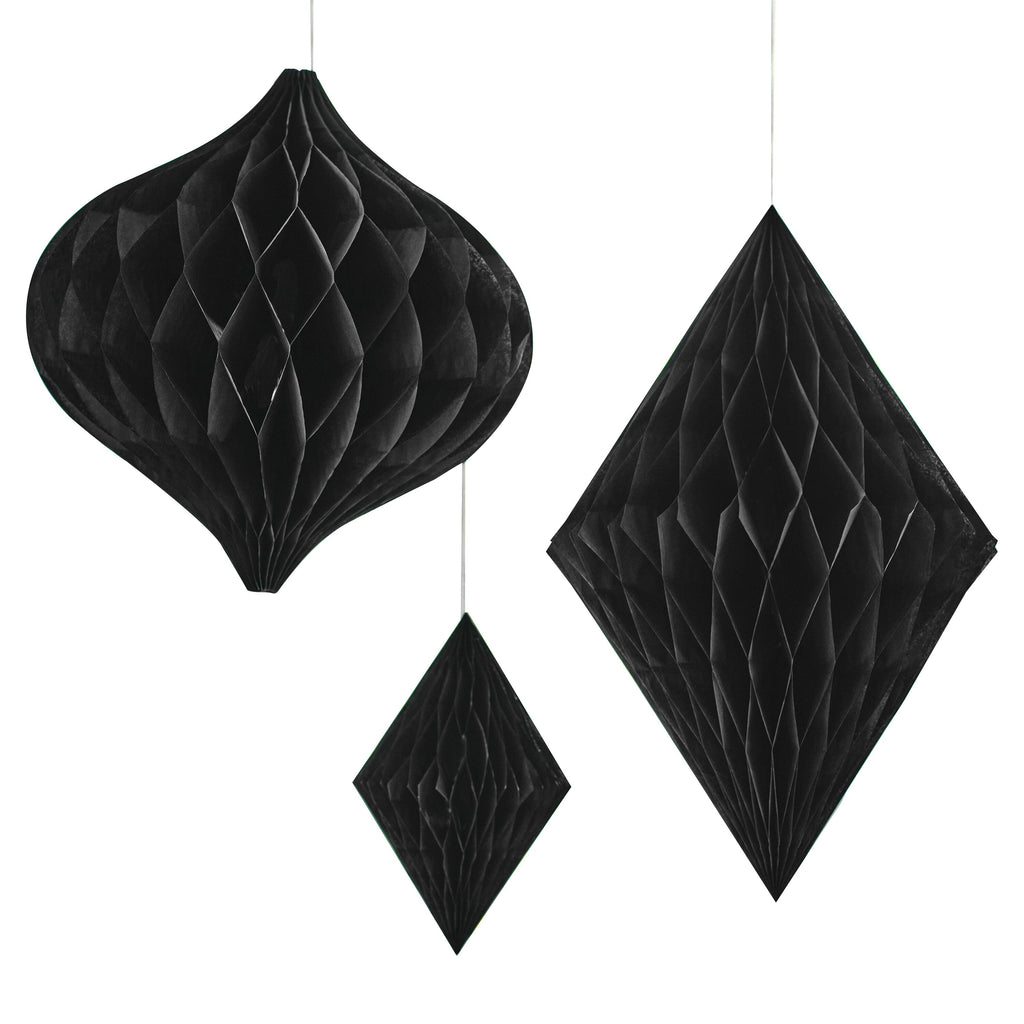 Black Honeycomb Paper Hanging Decorations- 5 Inner Pack