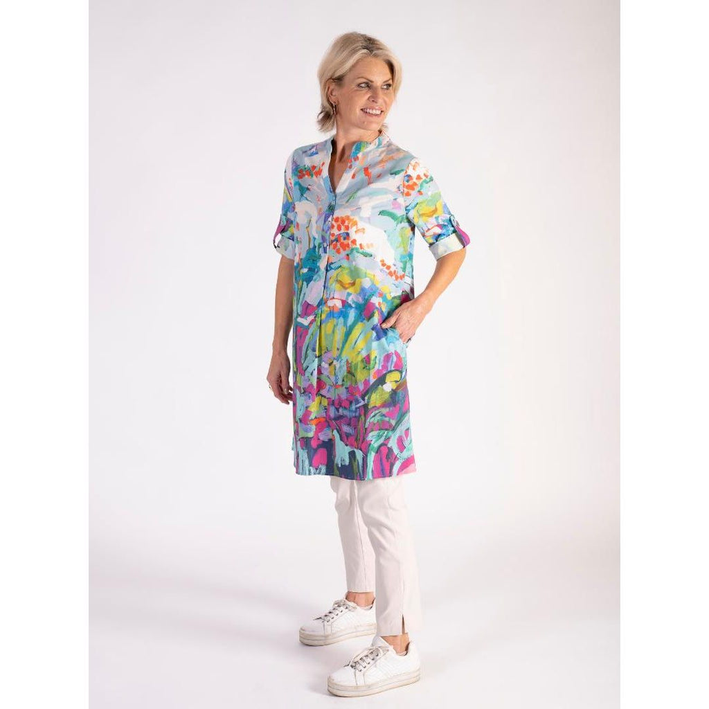 Chesca Abstract Flower Garden Dress - Blue/Multi - Beales department store