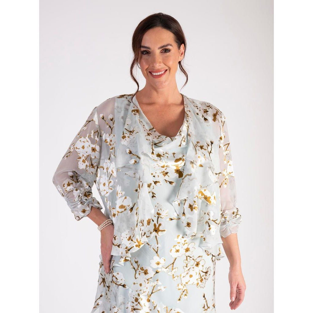 Chesca Blossom Satin Burnout Shrug with Frilly Sleeves - Aqua - Beales department store