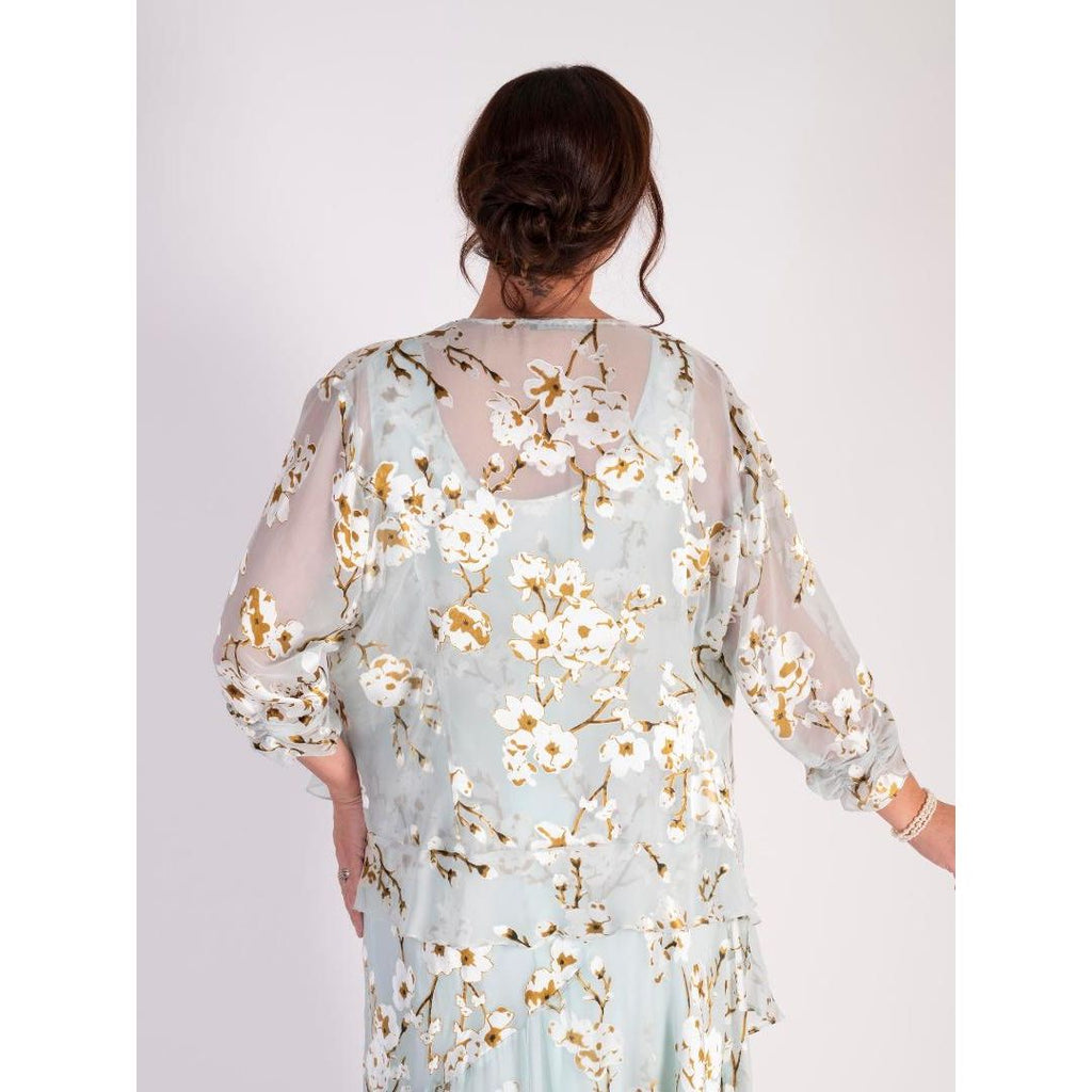 Chesca Blossom Satin Burnout Shrug with Frilly Sleeves - Aqua - Beales department store