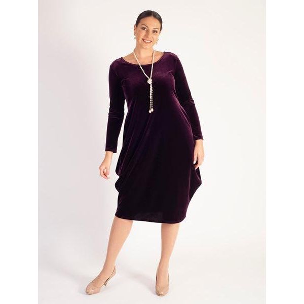 Chesca Claret Stretch Velvet Drape Dress with Pockets - Beales department store