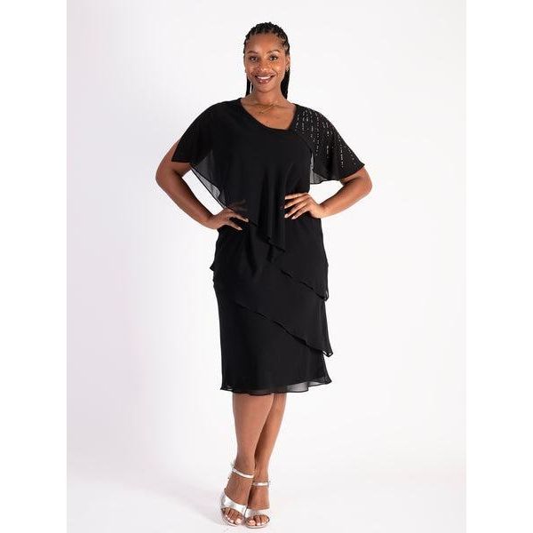 Chesca Glamorous Black Tiered Chiffon Dress with Asymmetric Neckline and Diamanté Shoulder Detail - Beales department store