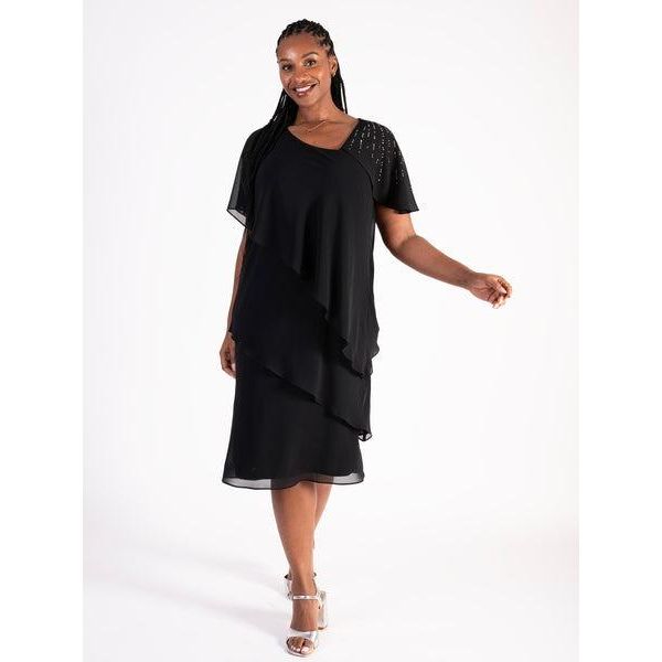 Chesca Glamorous Black Tiered Chiffon Dress with Asymmetric Neckline and Diamanté Shoulder Detail - Beales department store