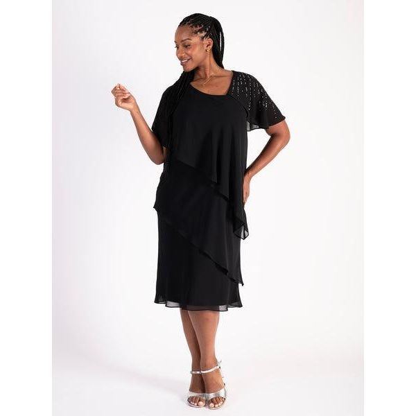 Chesca Glamorous Black Tiered Chiffon Dress with Asymmetric Neckline and Diamanté Shoulder Detail - Beales department store