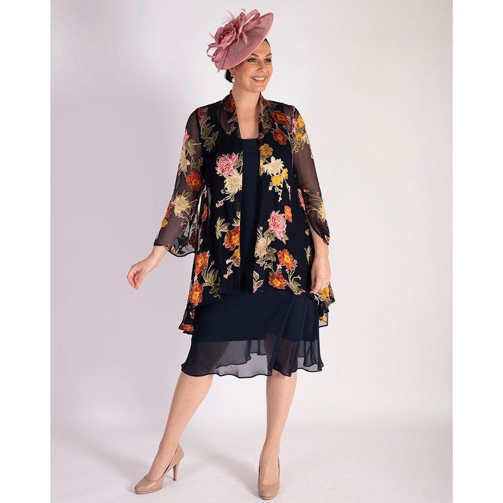 Chesca Navy Chrysanthemum Print Silk Devoree Swing Jacket With Split Cuff Detail - Beales department store