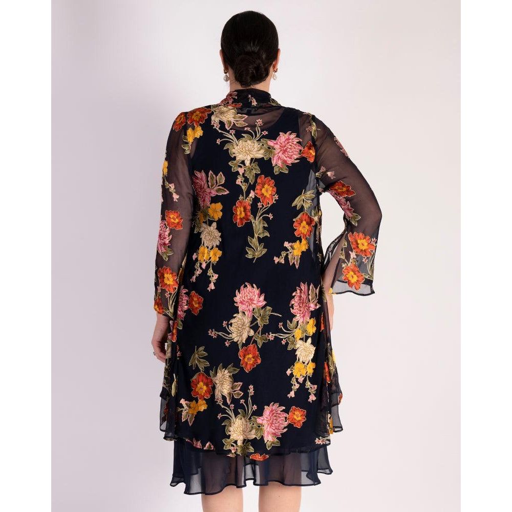 Chesca Navy Chrysanthemum Print Silk Devoree Swing Jacket With Split Cuff Detail - Beales department store