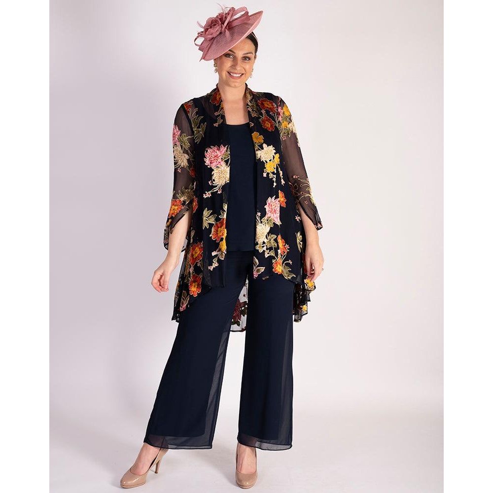 Chesca Navy Chrysanthemum Print Silk Devoree Swing Jacket With Split Cuff Detail - Beales department store