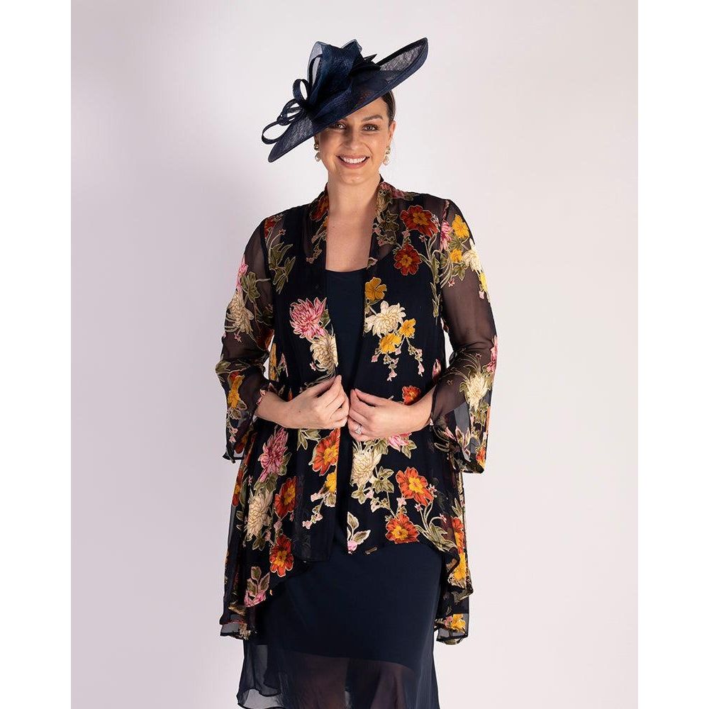 Chesca Navy Chrysanthemum Print Silk Devoree Swing Jacket With Split Cuff Detail - Beales department store