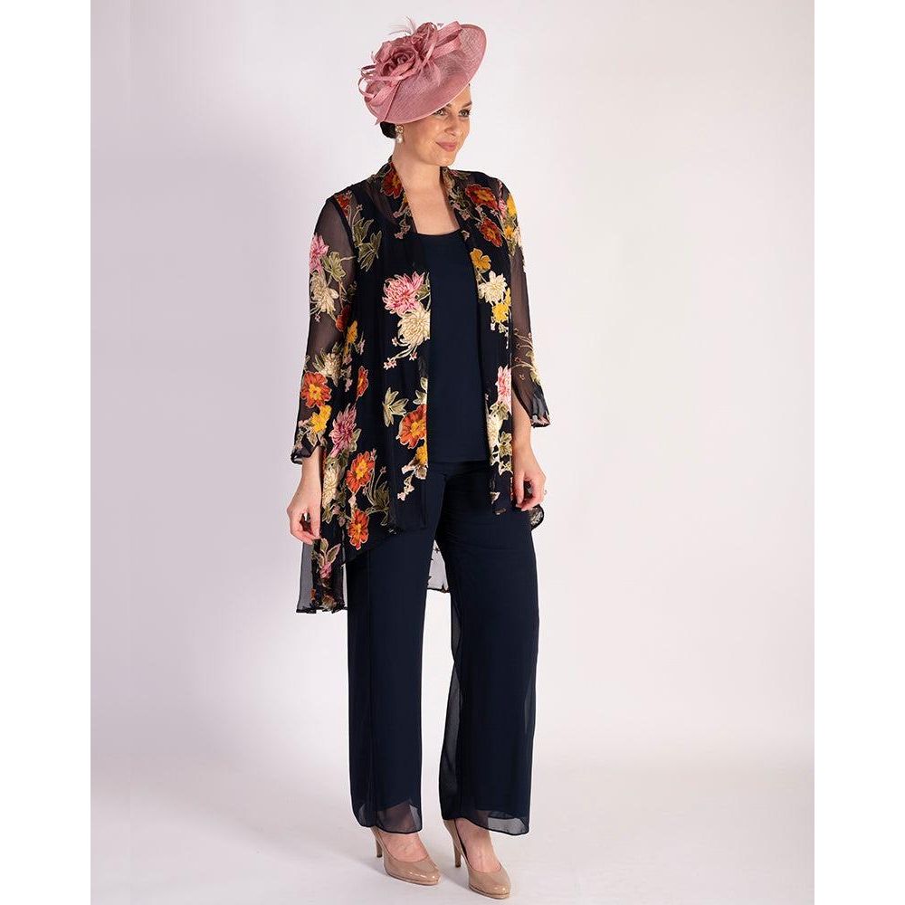 Chesca Navy Chrysanthemum Print Silk Devoree Swing Jacket With Split Cuff Detail - Beales department store