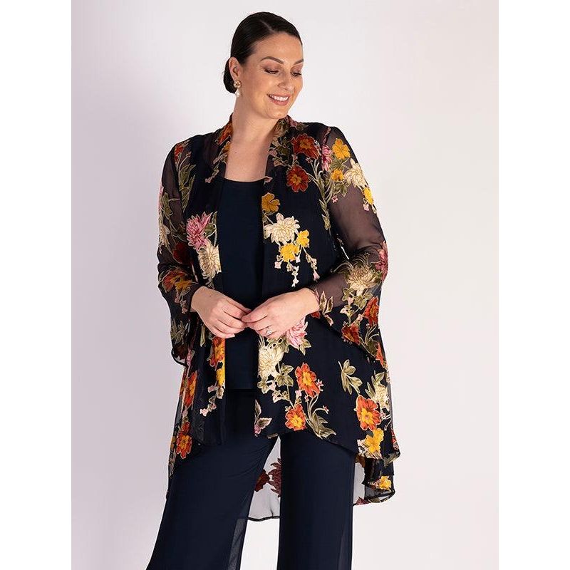 Chesca Navy Chrysanthemum Print Silk Devoree Swing Jacket With Split Cuff Detail - Beales department store