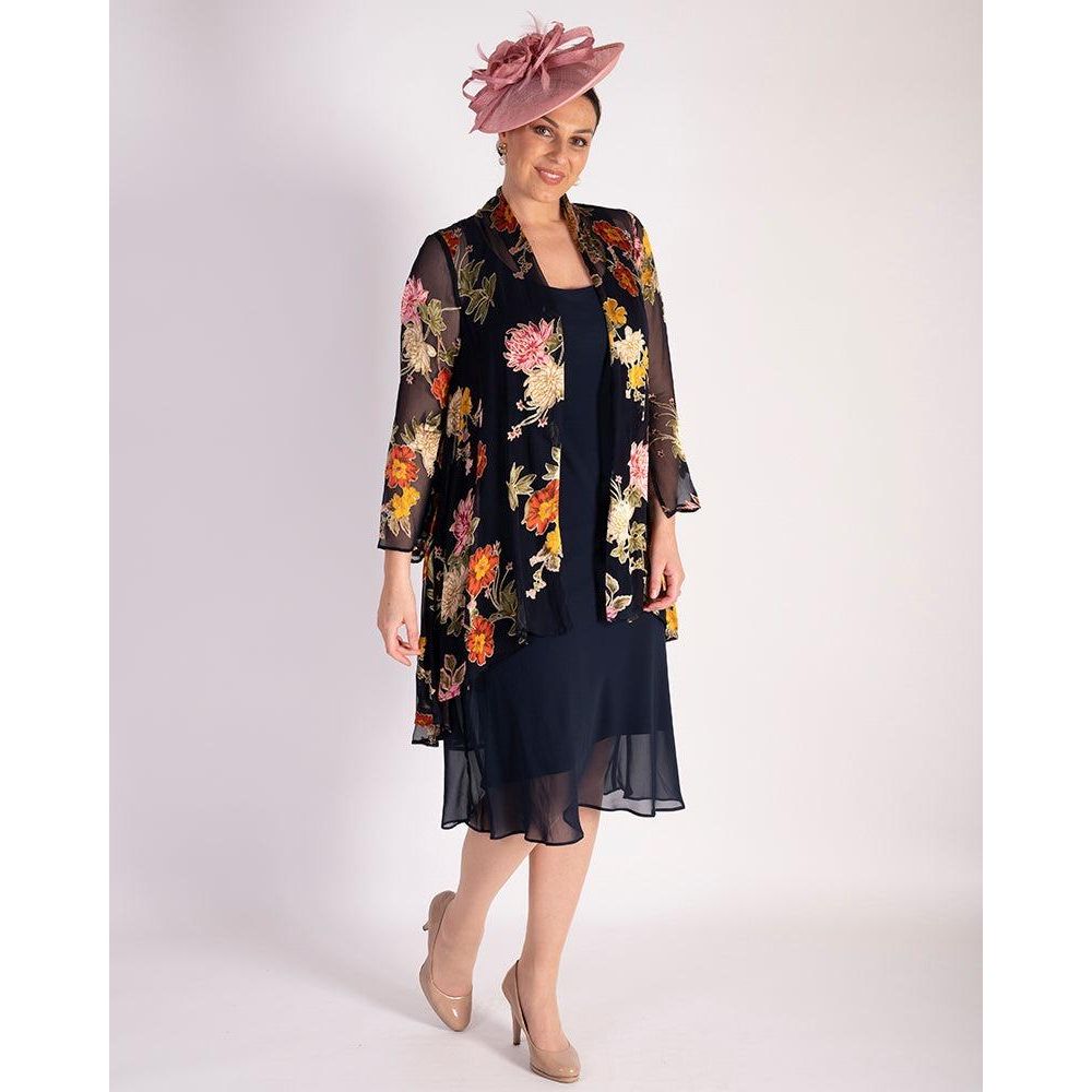 Chesca Navy Chrysanthemum Print Silk Devoree Swing Jacket With Split Cuff Detail - Beales department store