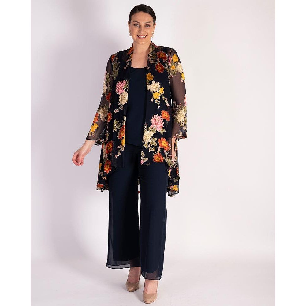 Chesca Navy Chrysanthemum Print Silk Devoree Swing Jacket With Split Cuff Detail - Beales department store