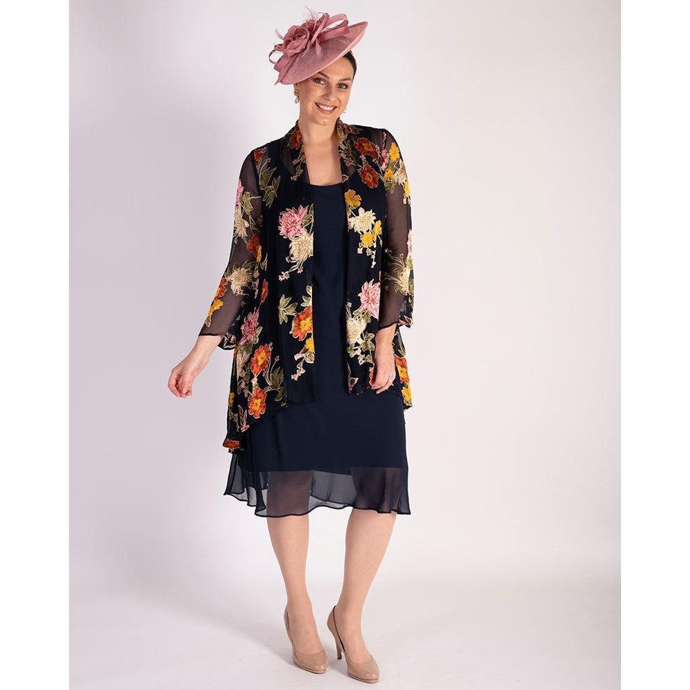 Chesca Navy Chrysanthemum Print Silk Devoree Swing Jacket With Split Cuff Detail - Beales department store