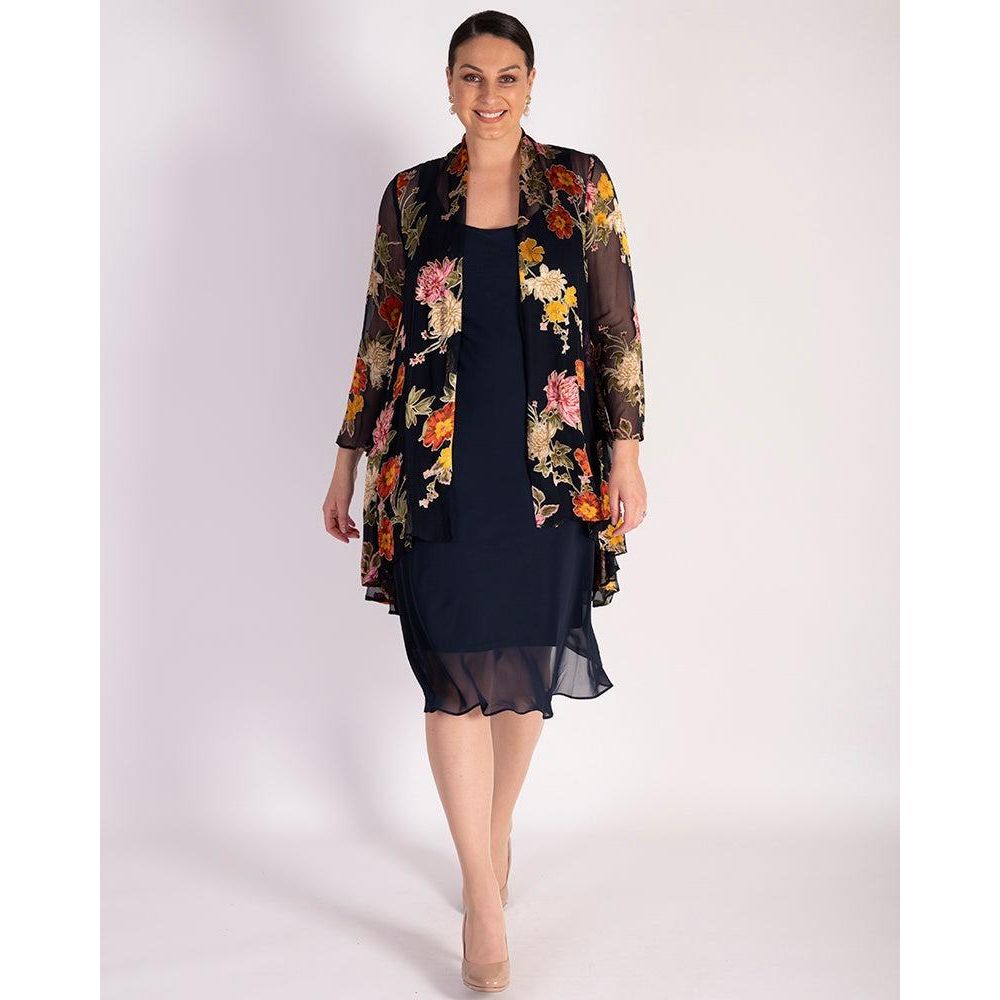 Chesca Navy Chrysanthemum Print Silk Devoree Swing Jacket With Split Cuff Detail - Beales department store